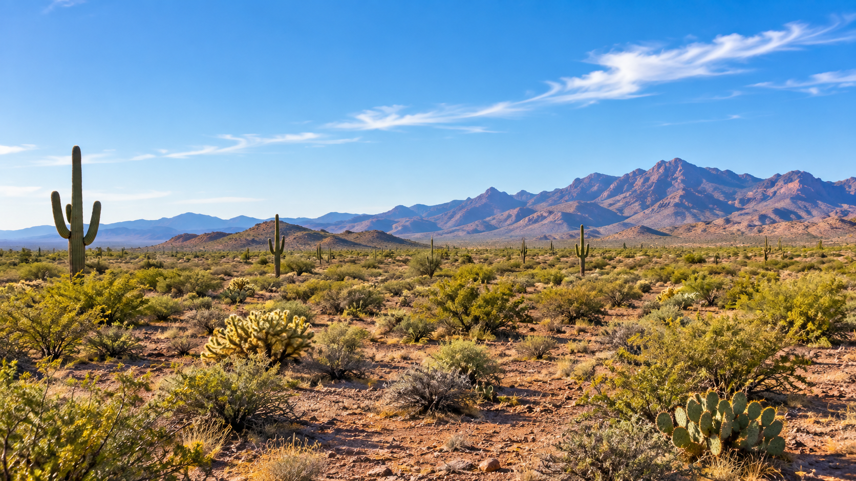 Arizona desert landscape with saguaros and mountains under a blue sky, open land ready for development