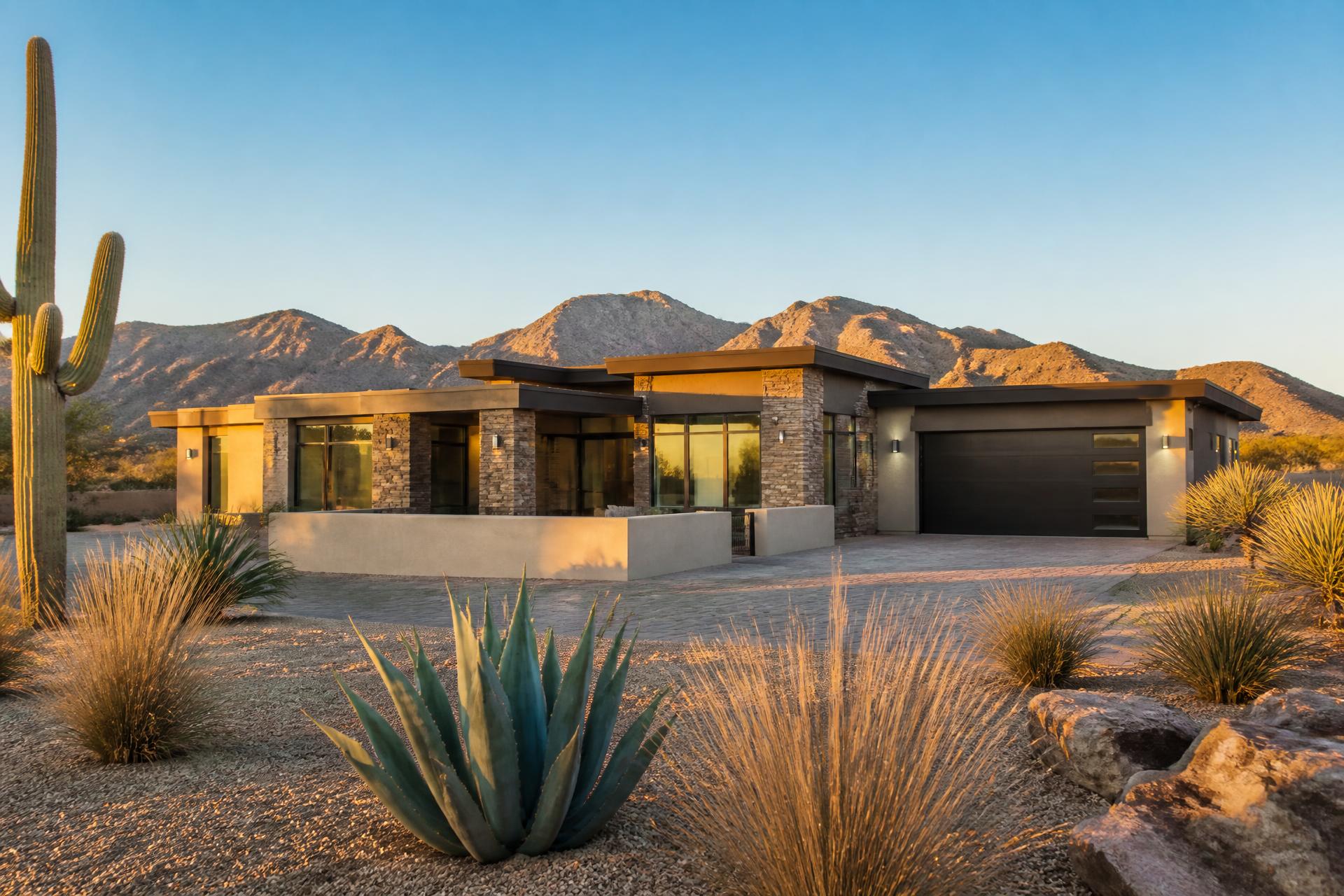 Modern manufactured home on Arizona desert land at golden hour with mountain views