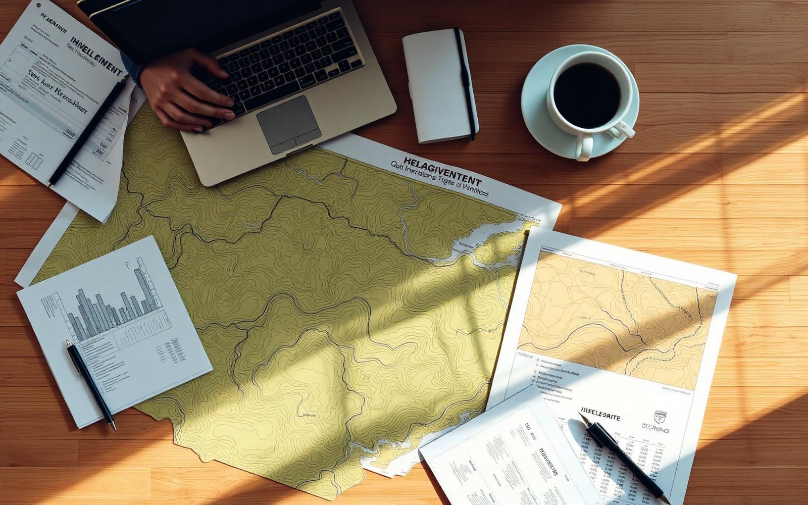 Land plans and development strategy spread across a table